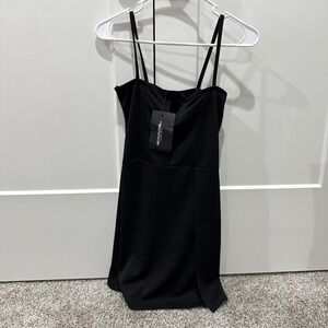 PrettyLittleThing Black Notched Neckline Mini Dress Spaghetti Strap US 6 NWT